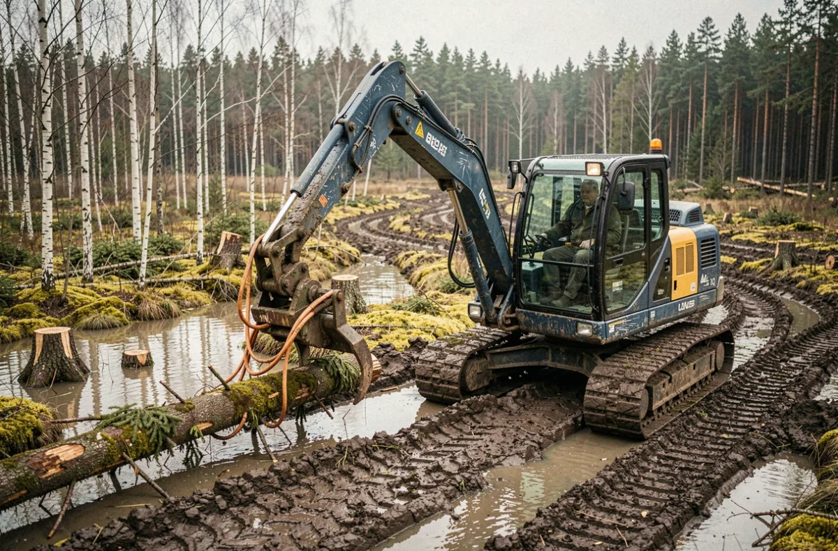 Opérateur d'abatteuse forestière mécanique sur terrain marécageux et détrempé en forêt boréale, traitement de troncs d'épicéas