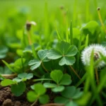 Gros plan sur un gazon envahi de trèfle, pissenlit et plantain, adventices visibles entre les brins d'herbe