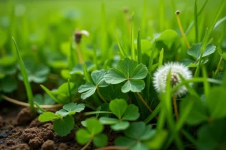 Gros plan sur un gazon envahi de trèfle, pissenlit et plantain, adventices visibles entre les brins d'herbe