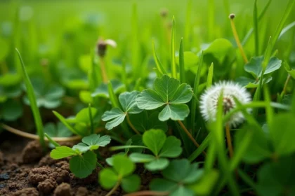 Gros plan sur un gazon envahi de trèfle, pissenlit et plantain, adventices visibles entre les brins d'herbe