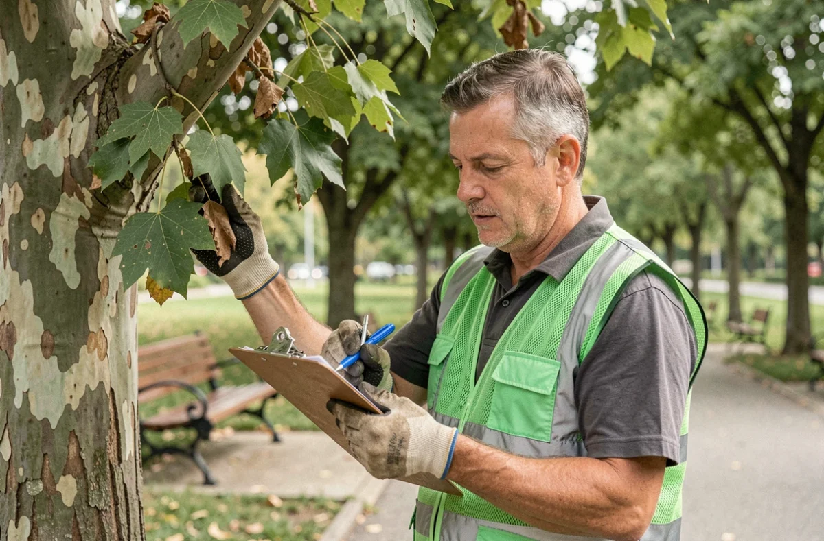 Agent municipal inspectant un mûrier platane malade dans un parc urbain avec carnet de notes et équipement de sécurité