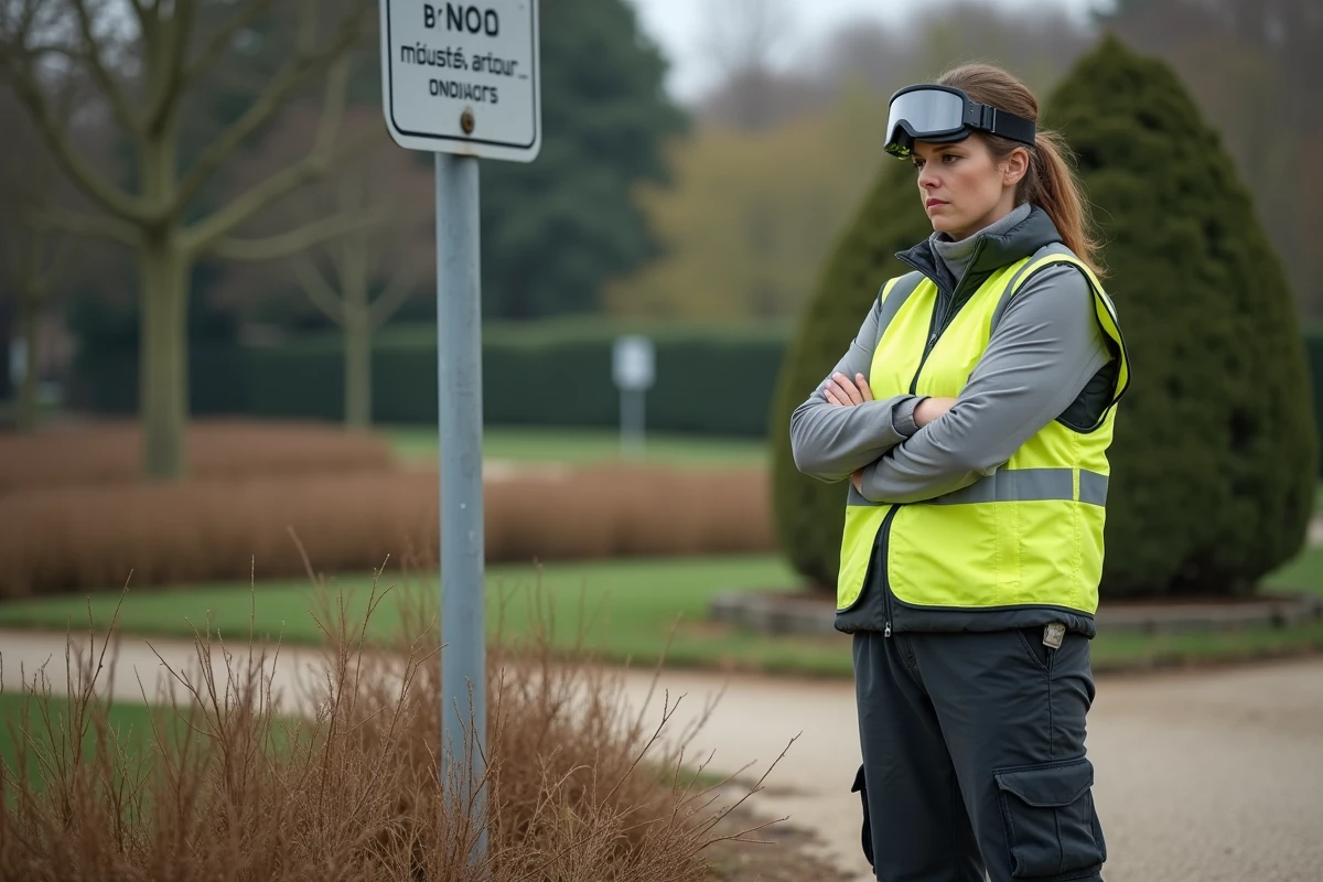 Agente municipale française observant une zone de débroussaillage dans un parc public avec panneau réglementaire en arrière-plan