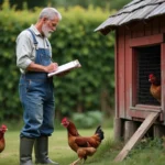 Agriculteur examinant son poulailler en bois avec un presse-papiers pour évaluer les seuils fiscaux applicables