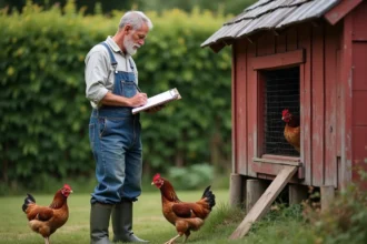Agriculteur examinant son poulailler en bois avec un presse-papiers pour évaluer les seuils fiscaux applicables
