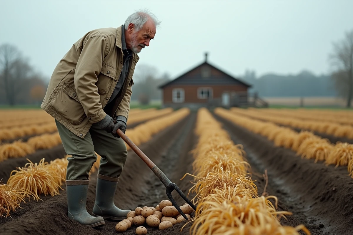 Agriculteur récoltant des pommes de terre à la fourche dans un champ après fanaison complète du feuillage