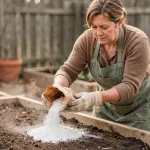 Femme appliquant de la chaux agricole sur un sol de potager au printemps pour reminéraliser la terre