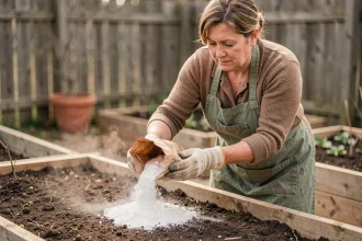 Femme appliquant de la chaux agricole sur un sol de potager au printemps pour reminéraliser la terre