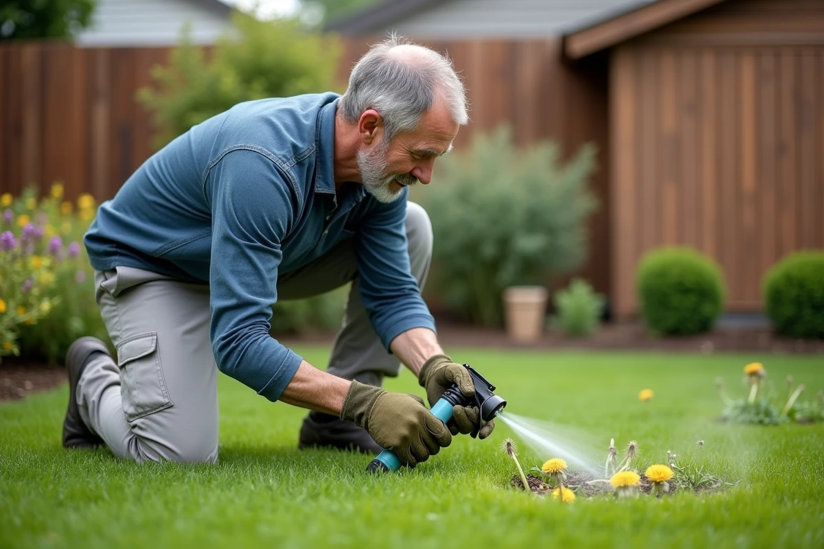 Jardinier appliquant un désherbant sélectif sur des adventices dans un jardin résidentiel