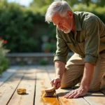 Homme appliquant de l'huile de teck sur une terrasse en bois avec un pinceau large, contraste entre bois traité et non traité