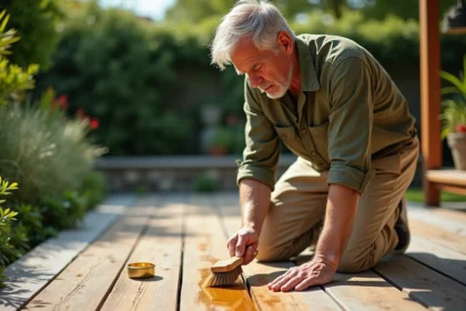 Homme appliquant de l'huile de teck sur une terrasse en bois avec un pinceau large, contraste entre bois traité et non traité