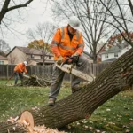 Arboriste professionnel utilisant une tronçonneuse pour couper un grand chêne abattu dans un jardin résidentiel