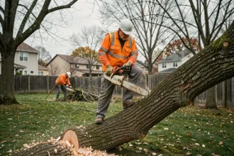 Arboriste professionnel utilisant une tronçonneuse pour couper un grand chêne abattu dans un jardin résidentiel