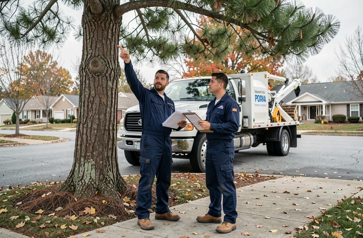 Deux arboristes examinant un devis pour l'abattage d'un grand pin en bordure de rue résidentielle