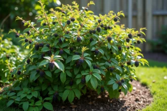 Arbuste Colina Josta chargé de baies noires dans un jardin de particulier