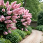 Arbuste fleuri rose lilas associé à des rosiers grimpants sur un mur en pierre de jardin de campagne au printemps