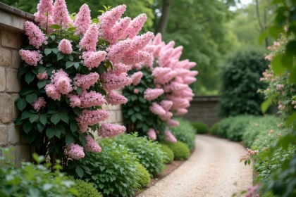Arbuste fleuri rose lilas associé à des rosiers grimpants sur un mur en pierre de jardin de campagne au printemps
