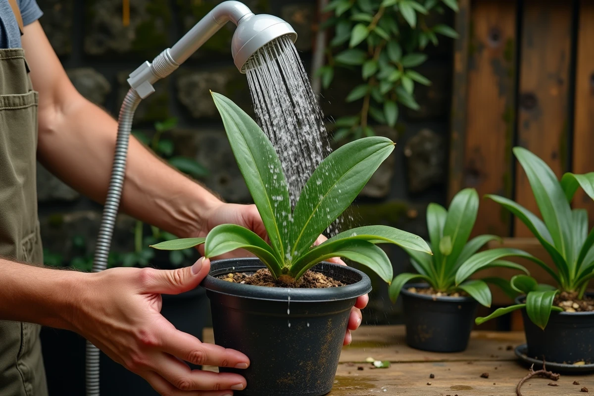 Arrosage incorrect d'une orchidée en pot avec un arrosoir à jet direct sur la couronne de la plante