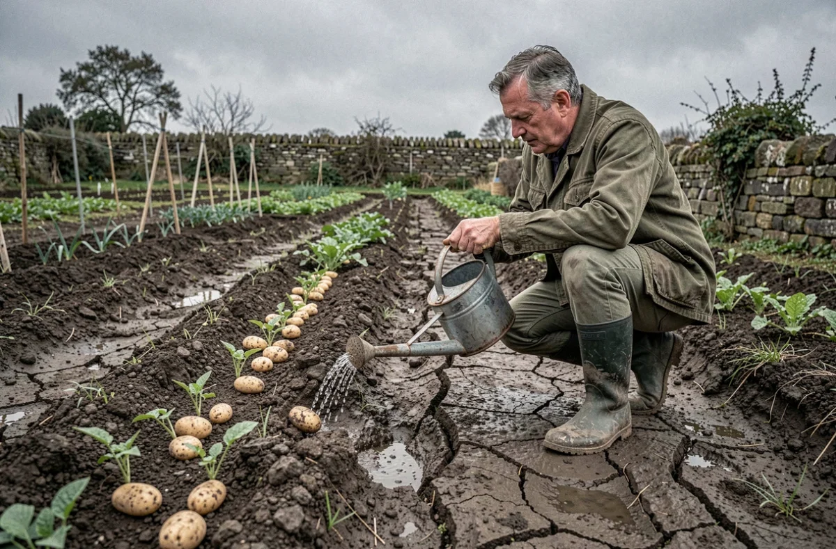Homme arrosant des rangs de pommes de terre nouvellement plantées en sol argileux avec un arrosoir en métal