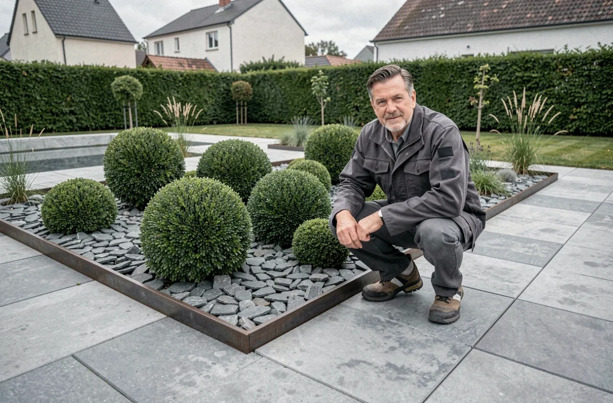 Paysagiste Art Vert aménageant un jardin contemporain avec topiaires et graviers ardoise dans les Hauts-de-Seine