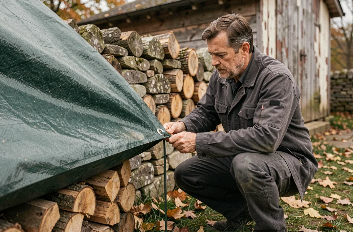 Homme fixant une bâche verte résistante sur un tas de bois dans un jardin rural avec un abri en bois en arrière-plan