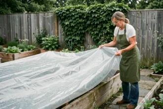 Femme posant une bâche de jardin transparente sur des carrés potagers surélevés dans un jardin résidentiel verdoyant