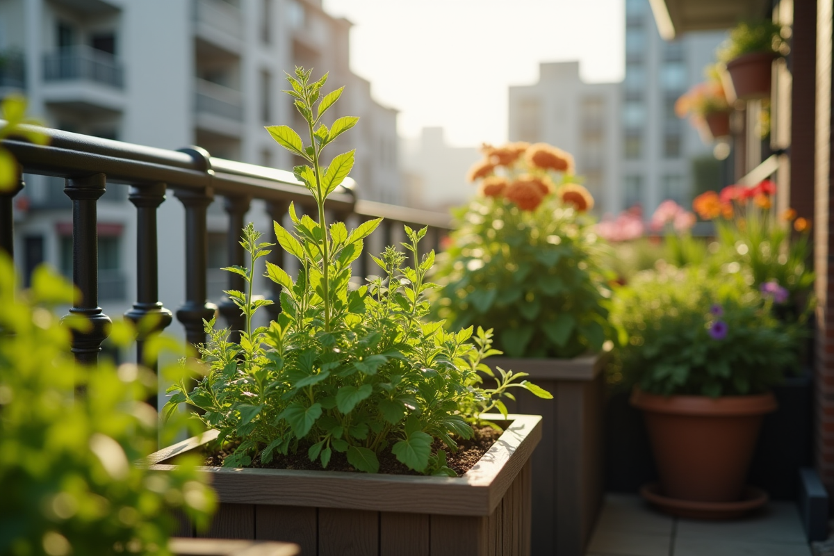 Balcon urbain avec herbes et fleurs en gros plan