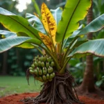 Bananier aux feuilles jaunies et tachées de nécroses dans un jardin tropical, signe de maladie de la terre