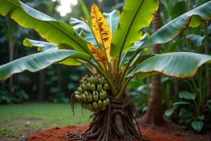 Bananier aux feuilles jaunies et tachées de nécroses dans un jardin tropical, signe de maladie de la terre