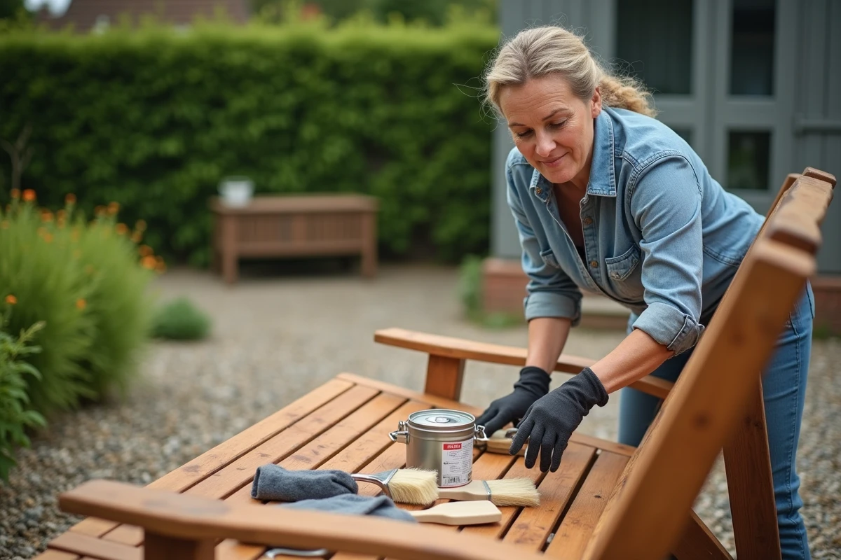 Femme inspectant un banc de jardin en teck fraîchement huilé, rendu uniforme et sans traces sur le bois
