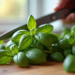Bâtons de basilic frais coupés avec des ciseaux sur une table en bois
