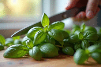 Bâtons de basilic frais coupés avec des ciseaux sur une table en bois