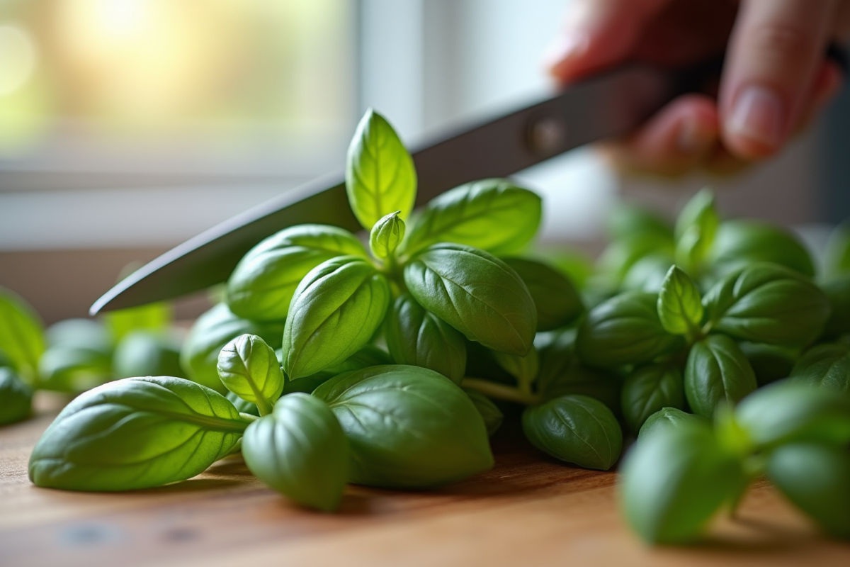 Bâtons de basilic frais coupés avec des ciseaux sur une table en bois