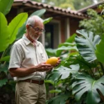Botaniste dans un jardin tropical examine un ceriman