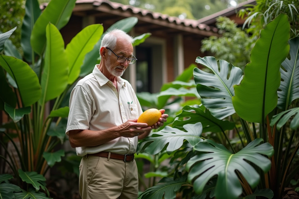 Botaniste dans un jardin tropical examine un ceriman