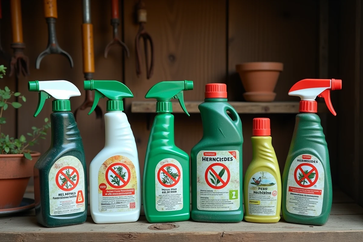 Bouteilles de débroussaillants et herbicides interdits alignées sur une étagère de jardin avec étiquettes d'avertissement françaises