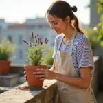 Femme boutant une lavande en pot en terracotta sur un balcon urbain