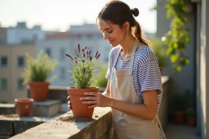 Femme boutant une lavande en pot en terracotta sur un balcon urbain