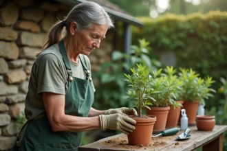 Jardinière examinant une bouture ratée de pivoine arbustive dans un pot en terre cuite sur un établi de jardin rustique