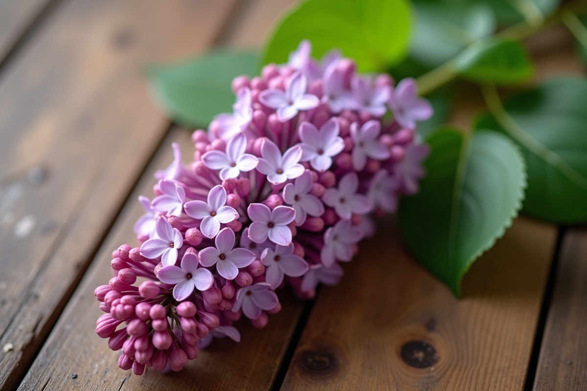 Branche de lilas coupée avec feuilles et bourgeons sur une table
