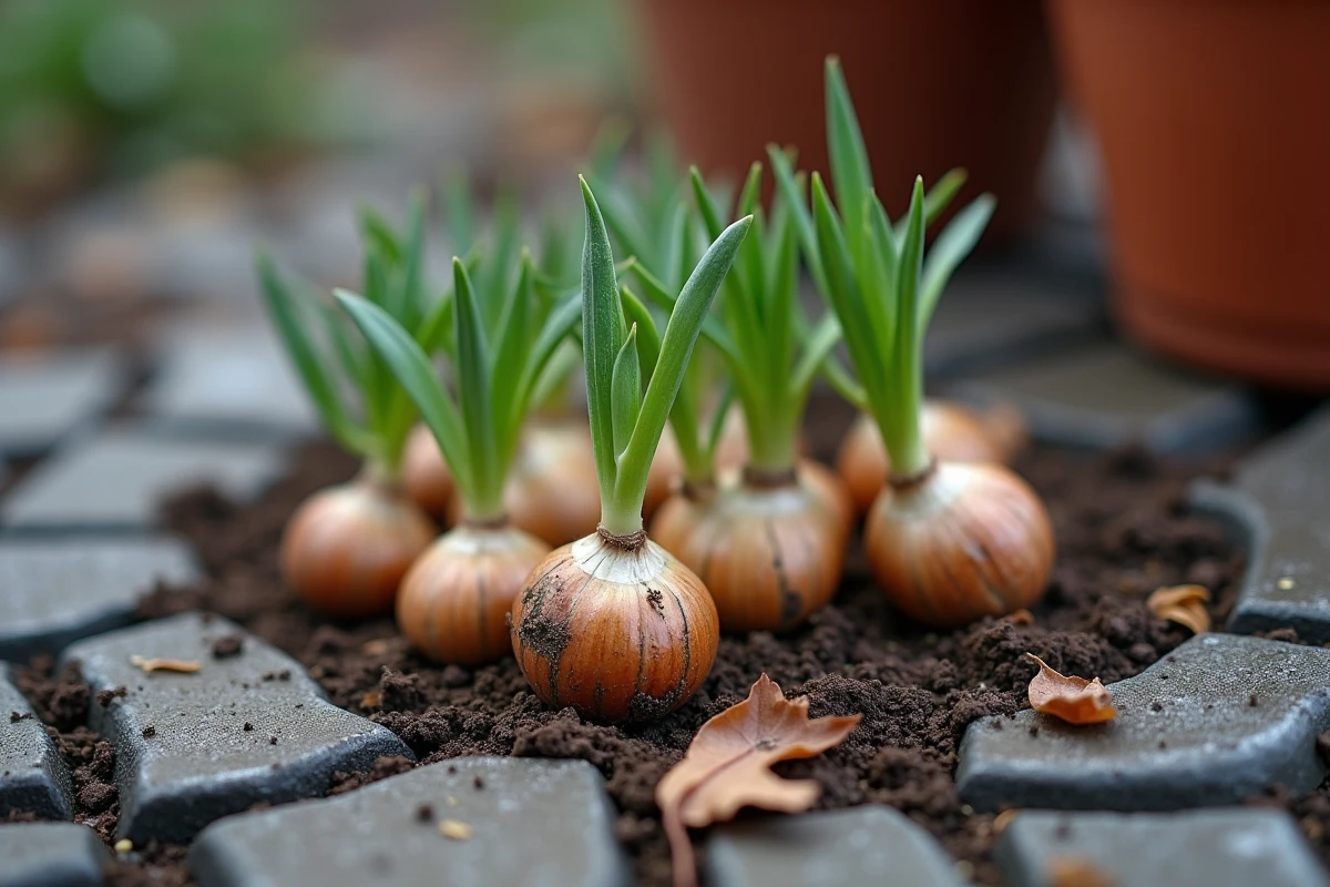 Gros plan sur des bulbes de tulipes oubliés en terre avec de petites pousses vertes émergeant du sol gelé en hiver