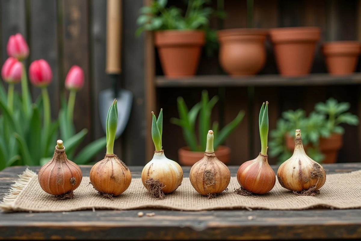 Bulbes de tulipes récupérés du jardin disposés sur une toile de jute sur un établi en bois pour évaluation avant replantation