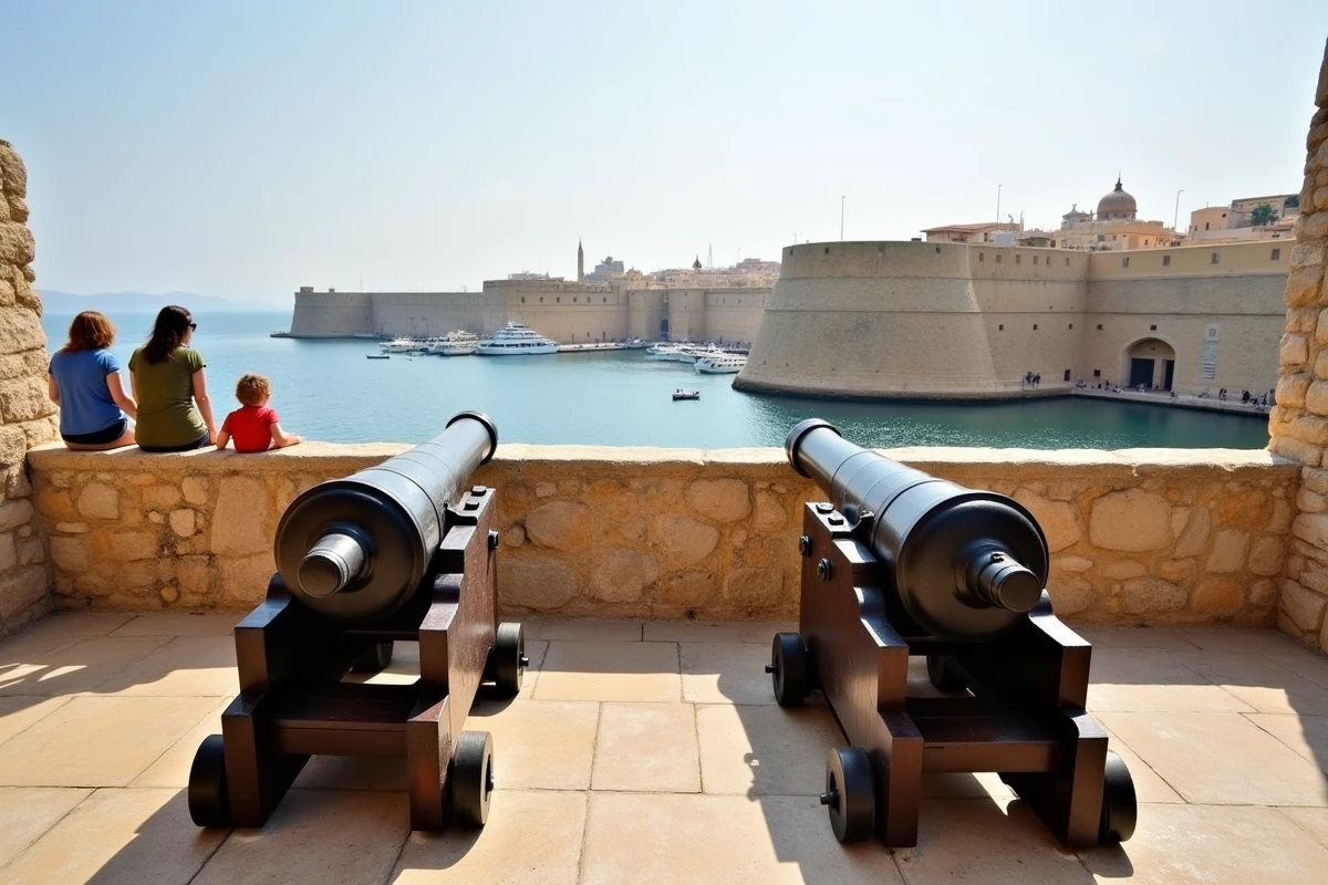 Canons historiques de la batterie de salut de Barrakka à La Valette avec vue sur le Fort Saint-Ange et le Grand Port de Malte