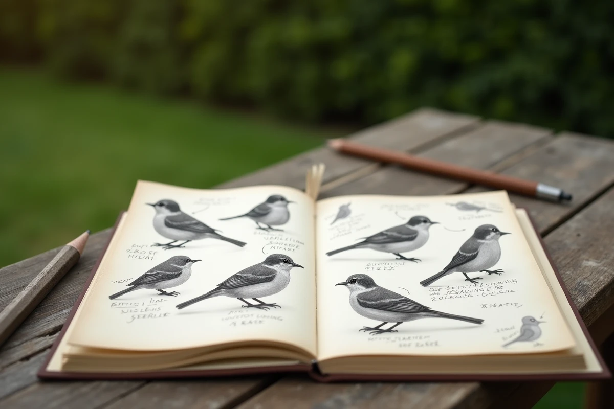 Carnet d'identification ornithologue avec croquis annotés de petits oiseaux gris et blanc pour aider à les différencier