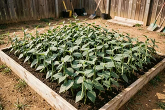 Carré potager bien organisé avec des haricots verts plantés en grille dense, vue plongeante sur les rangs réguliers et les gousses pendantes