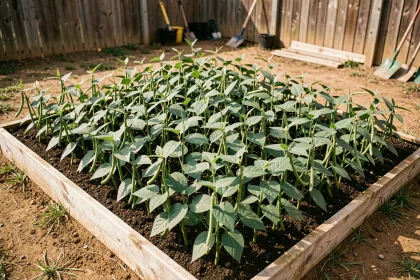 Carré potager bien organisé avec des haricots verts plantés en grille dense, vue plongeante sur les rangs réguliers et les gousses pendantes