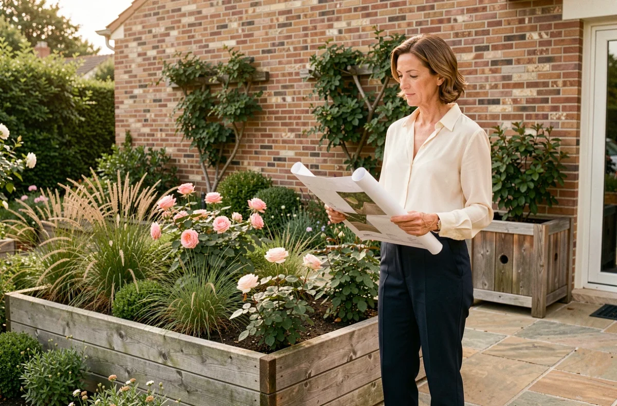 Céline Bertin, paysagiste 92, sur une terrasse aménagée avec massifs floraux dans un jardin résidentiel
