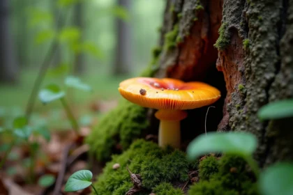 Champignon orange vibrant sur bois en forêt