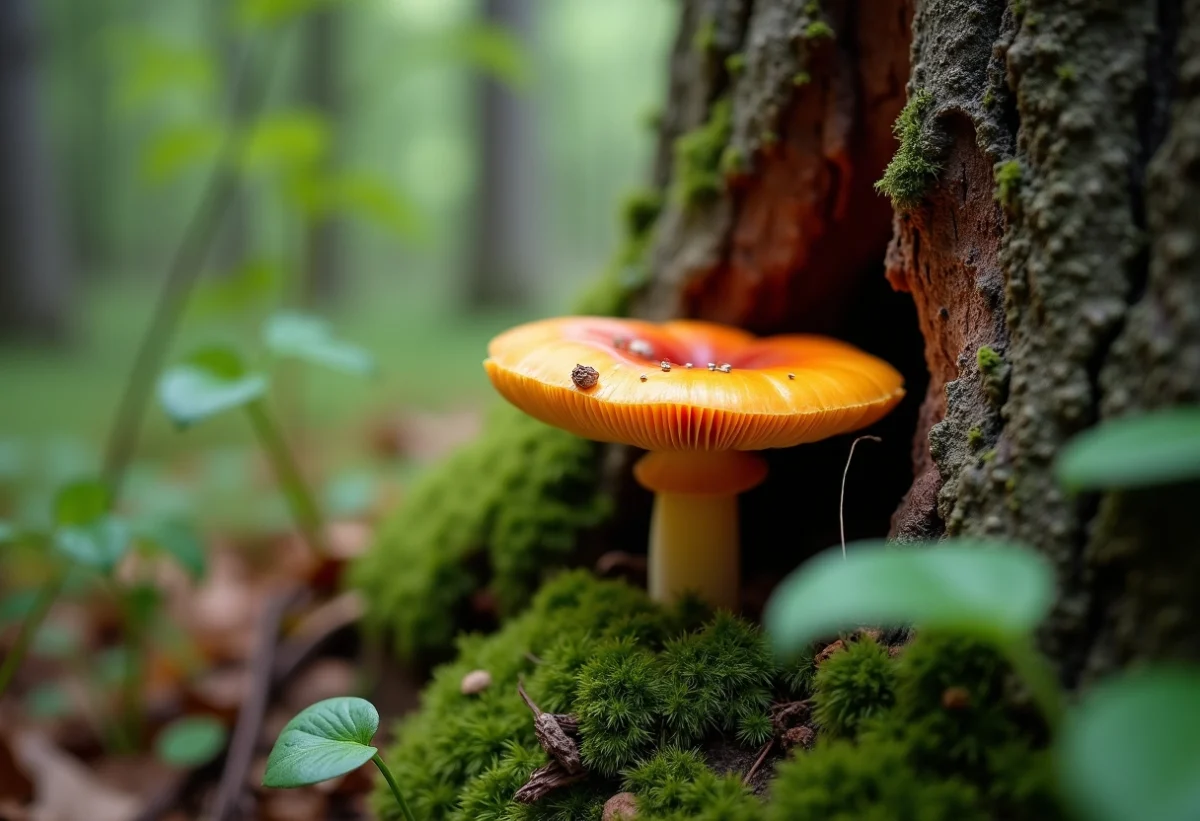 Champignon orange vibrant sur bois en forêt
