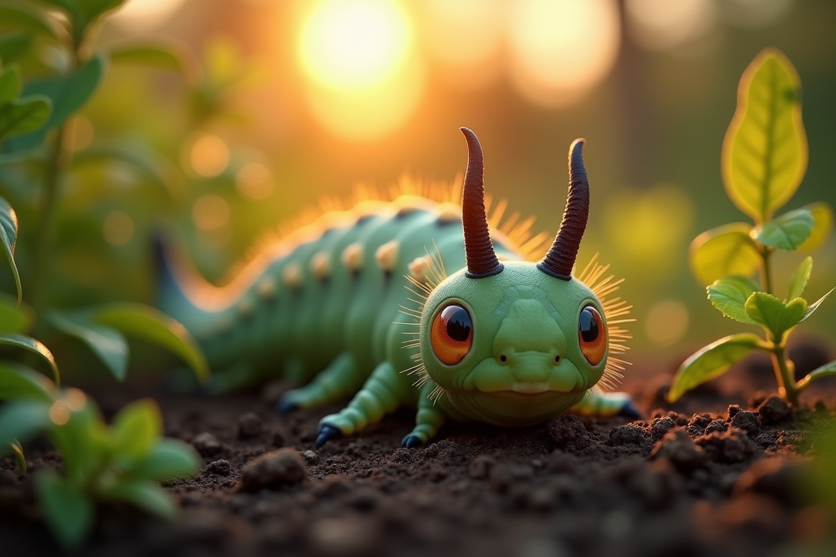 Chenille sphinx reposant sur le sol humide au lever du soleil