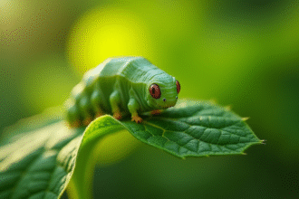 Chenille sphinx sur une feuille verte en plein jour